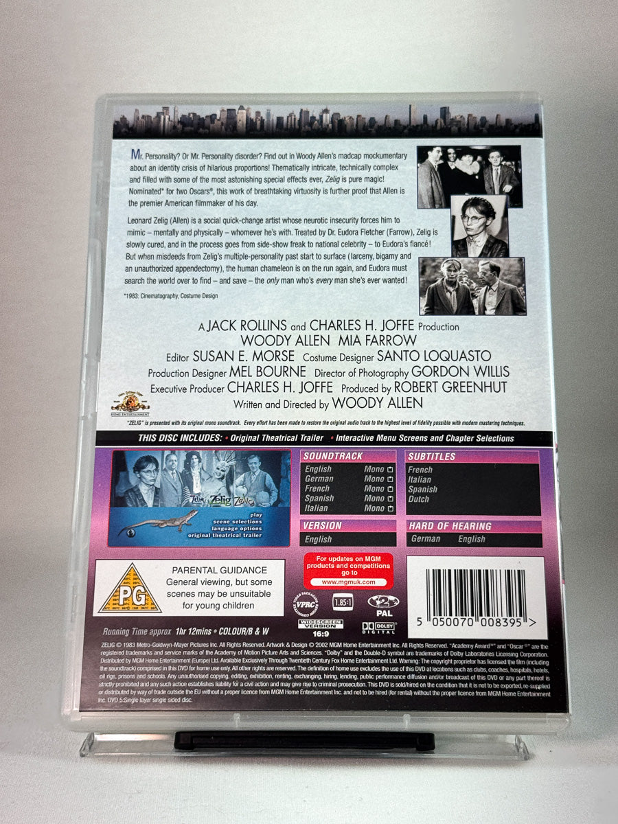 Bakside av cover til Zelig, bruktfilm hos nettbutikken Brukbar Film