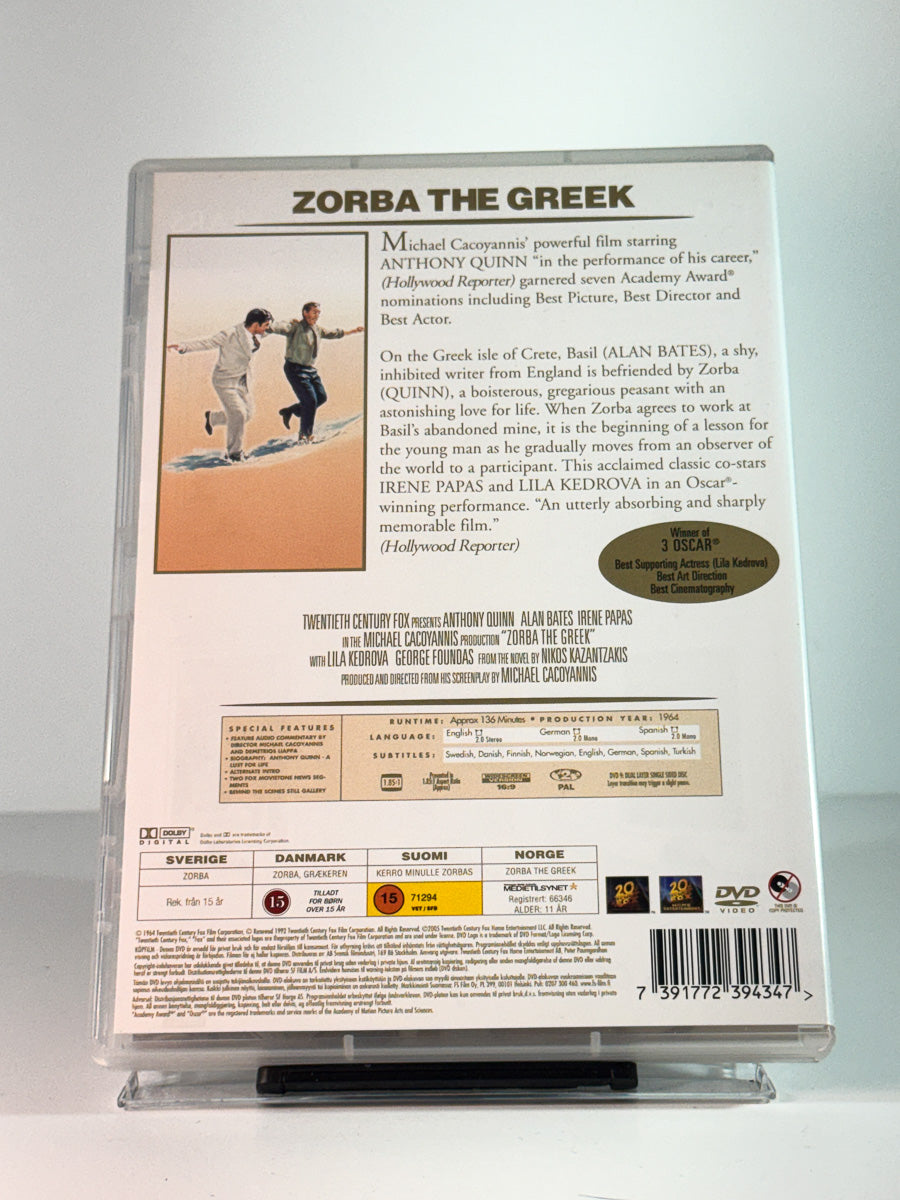 Bakside av cover til Zorba the Greek, brukt original DVD hos Brukbar Film